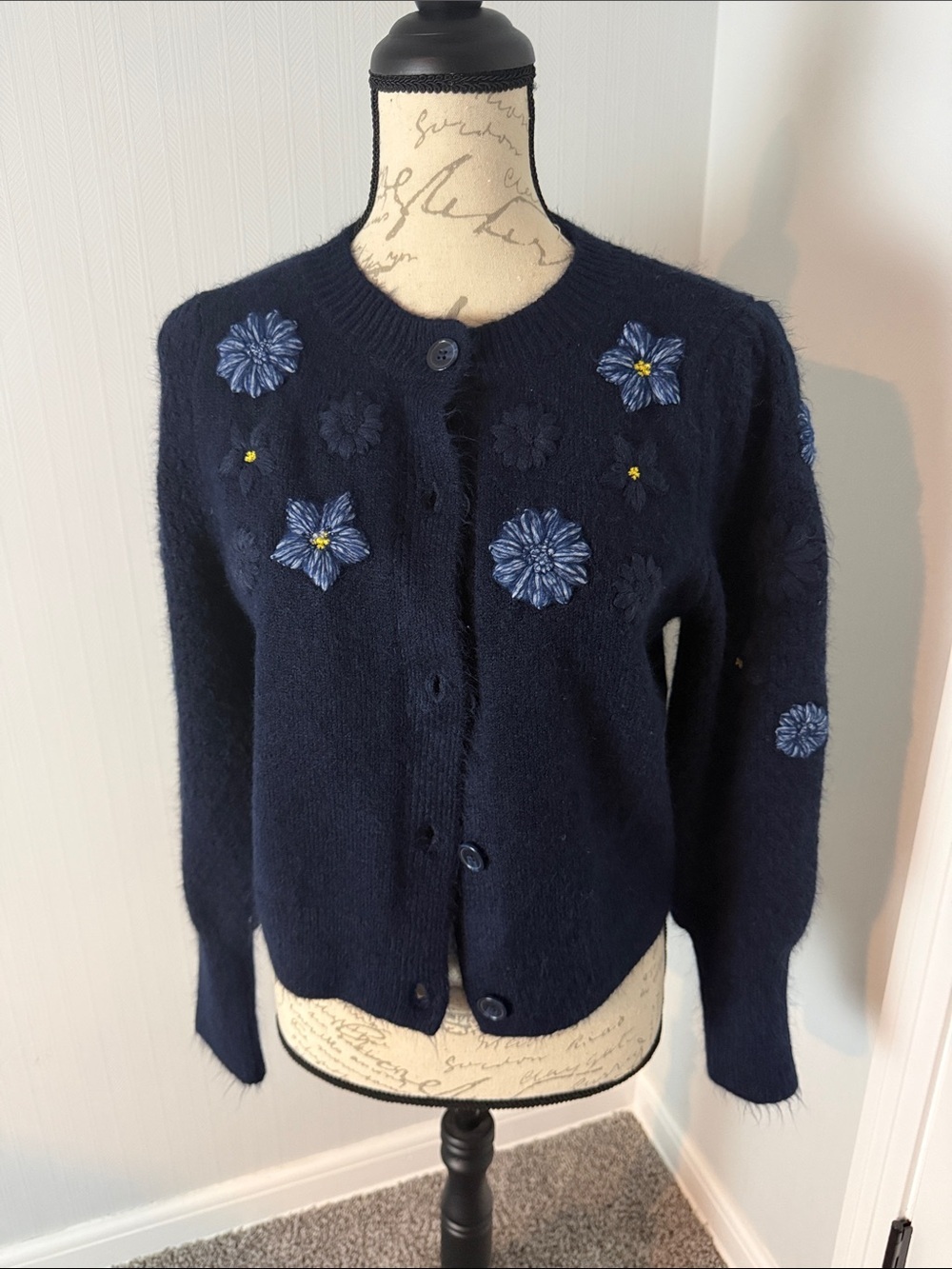 NVLT Embroidered Flower Navy Cardigan Sweater - Women Medium - Picture 6 of 8